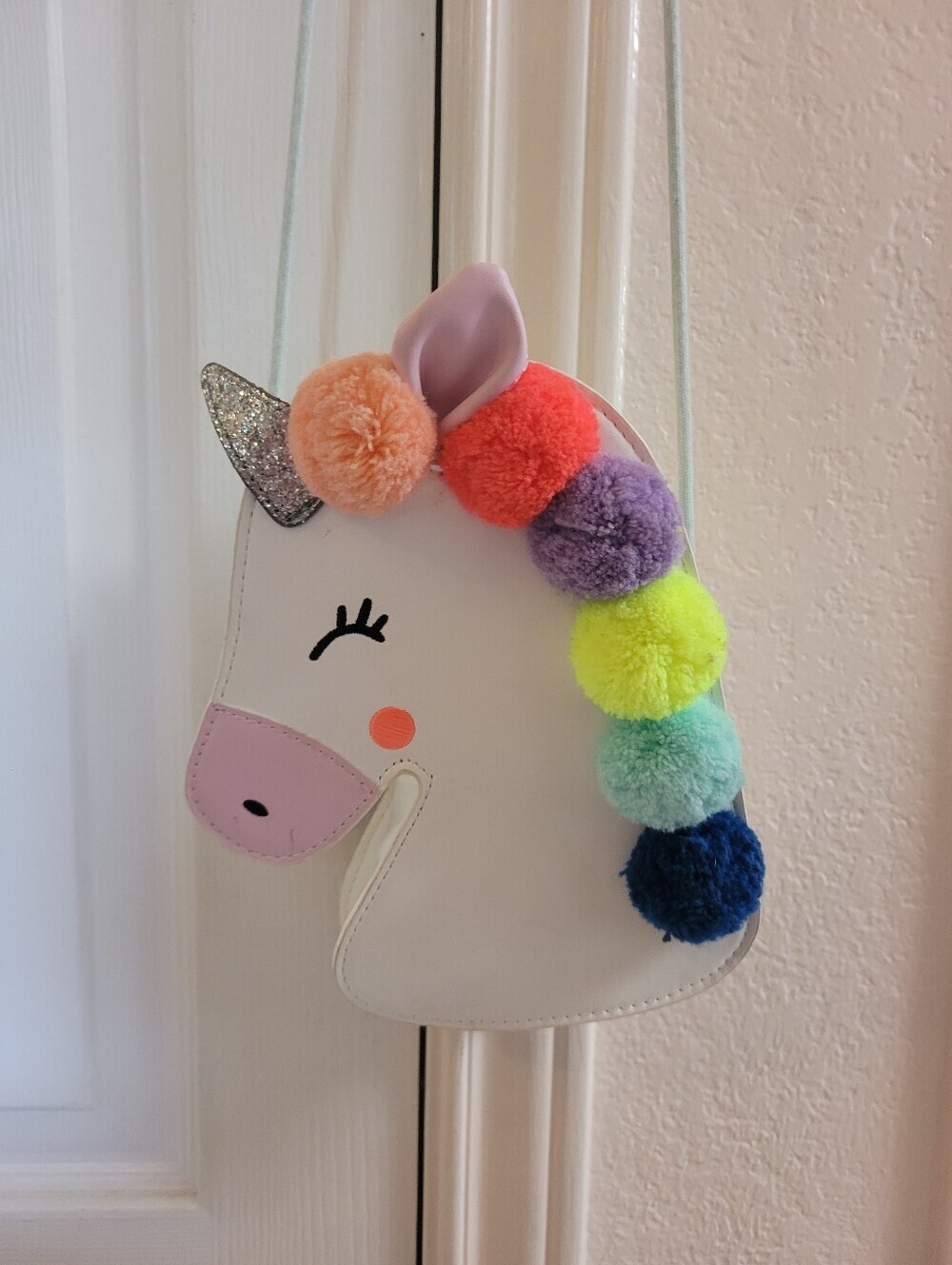 Kids Unicorn Pom-Pom Crossbody Bag - White with Rainbow Poms